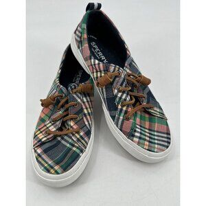 Sperry Topsiders Women's Plaid Canvas Leather Laces Boat Shoes 6W Blue